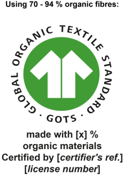 GOTS Standard label with information on organic fibre content, certification body and licence number